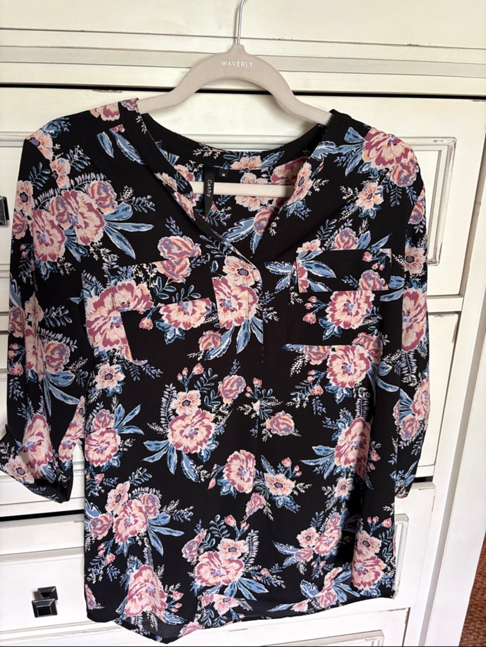 Floral Split-Neck Blouse - Black with Pink & Blue Flowers